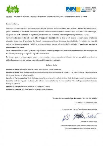 Comunica&ccedil;&atilde;o referente a aplica&ccedil;&atilde;o de produtos fitofarmac&ecirc;uticos junto &agrave; via ferrovi&aacute;ria - Linha do Norte