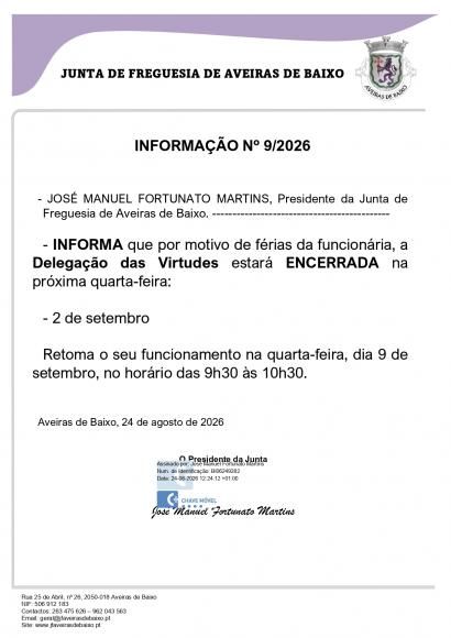 Informa&ccedil;&atilde;o n.&ordm; 9/2026 - Encerramento da Delega&ccedil;&atilde;o das Virtudes