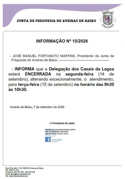 Informa&ccedil;&atilde;o n.&ordm; 10/2026 - Encerramento da Delega&ccedil;&atilde;o dos Casais da Lagoa