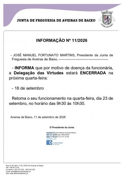 Informa&ccedil;&atilde;o n.&ordm; 11/2026 - Encerramento da Delega&ccedil;&atilde;o das Virtudes