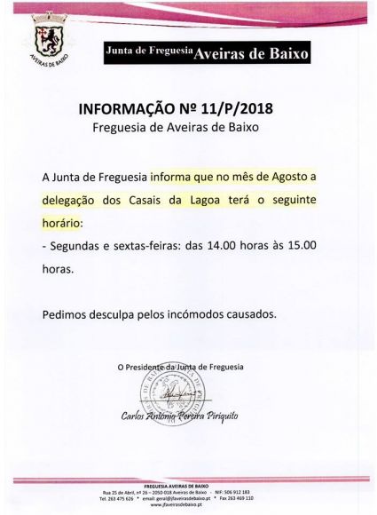 Alteração Horário Junta - Casais da Lagoa