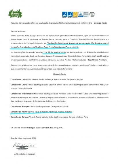 Comunicação referente à aplicação de produtos fitofarmacêuticos na linha ferroviária - Linha do Norte 