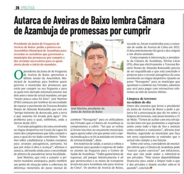 Notícia Jornal "O Mirante" - Intervenção do senhor Presidente na reunião da Assembleia Municipal.