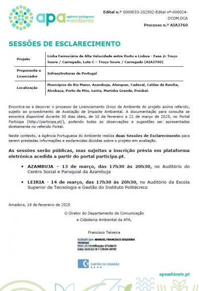 Sessão de Esclarecimento sobre o Projeto da Linha Ferroviária de Alta Velocidade entre Porto e Lisboa
