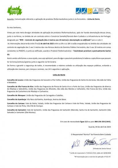 Aplicação de produtos fitofarmacêuticos junto à via férrea da Linha do Norte - 07 a 11 de abril