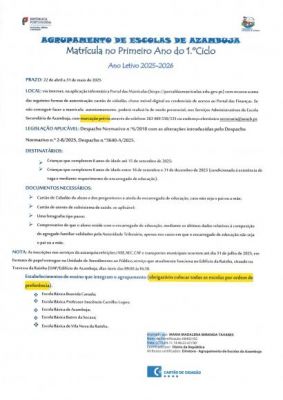 Matrícula no 1.º ano do 1.º ciclo | Ano letivo 2025-2026