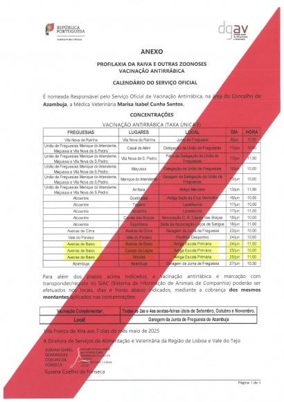Calendário do Serviço Oficial para Vacinação Antirrábica Calendário do Serviço Oficial para Vacinação Antirrábica