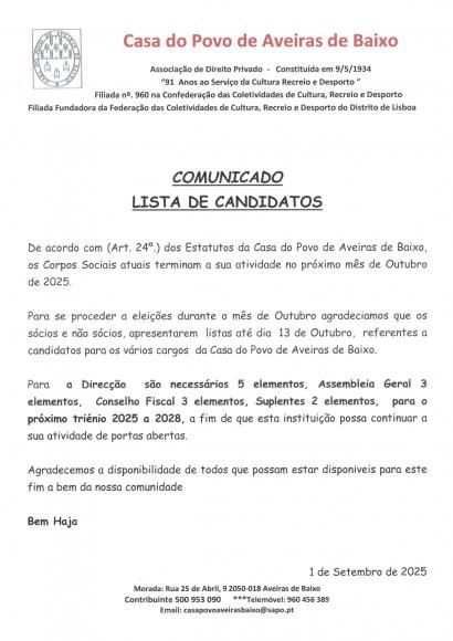 Comunicado - Lista de Candidatos Casa do Povo de Aveiras de Baixo