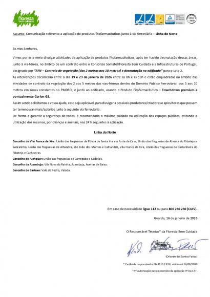 Comunica&ccedil;&atilde;o referente a aplica&ccedil;&atilde;o de produtos fitofarmac&ecirc;uticos junto &agrave; via ferrovi&aacute;ria - Linha do Norte