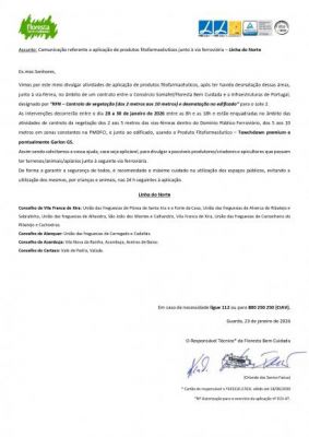 Comunica&ccedil;&atilde;o referente a aplica&ccedil;&atilde;o de produtos fitofarmac&ecirc;uticos junto &agrave; via ferrovi&aacute;ria - Linha do Norte