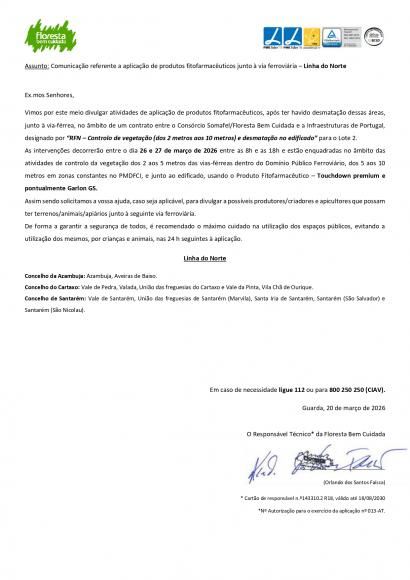 Comunica&ccedil;&atilde;o referente a aplica&ccedil;&atilde;o de produtos fitofarmac&ecirc;uticos junto &agrave; via ferrovi&aacute;ria - Linha do Norte 