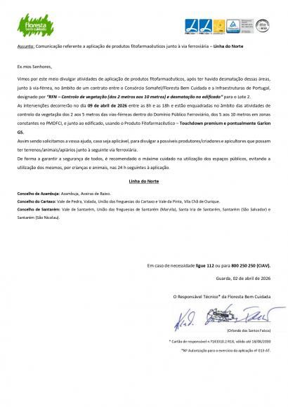 Comunica&ccedil;&atilde;o referente a aplica&ccedil;&atilde;o de produtos fitofarmac&ecirc;uticos junto &agrave; via ferrovi&aacute;ria - Linha do Norte