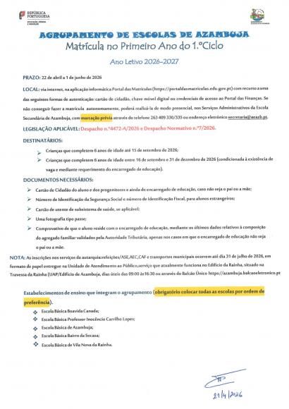 Matr&iacute;cula no Primeiro Ano do 1.&ordm; Ciclo - Ano Letivo de 2026/2027