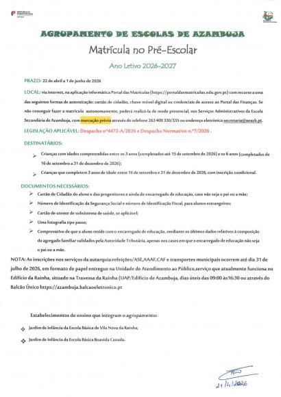 Matr&iacute;cula no Pr&eacute;-Escolar - Ano Letivo de 2026/2027