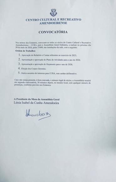 Convocat&oacute;ria Assembleia Geral Ordin&aacute;ria - Centro Cultural e Recreativo Amendoeirense
