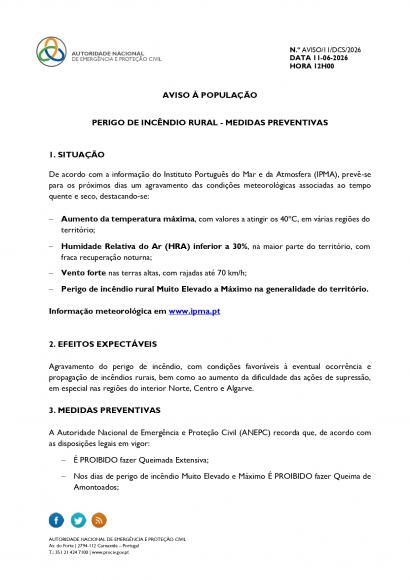 Aviso &agrave; popula&ccedil;&atilde;o -  Perigo de Inc&ecirc;ndio Rural - Medidas Preventivas
