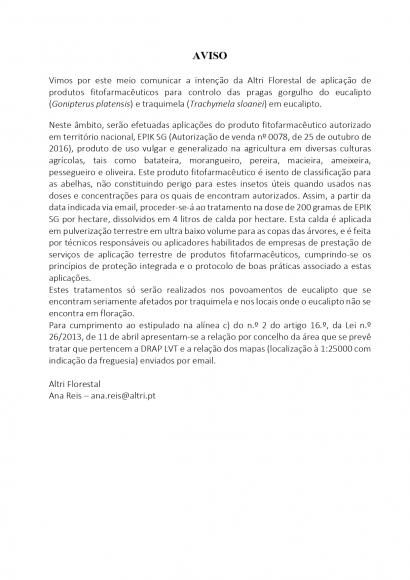 Aviso - Tratamentos fitossanit&aacute;rios para controlo da traquimela e do gorgulho-do-eucalipto
