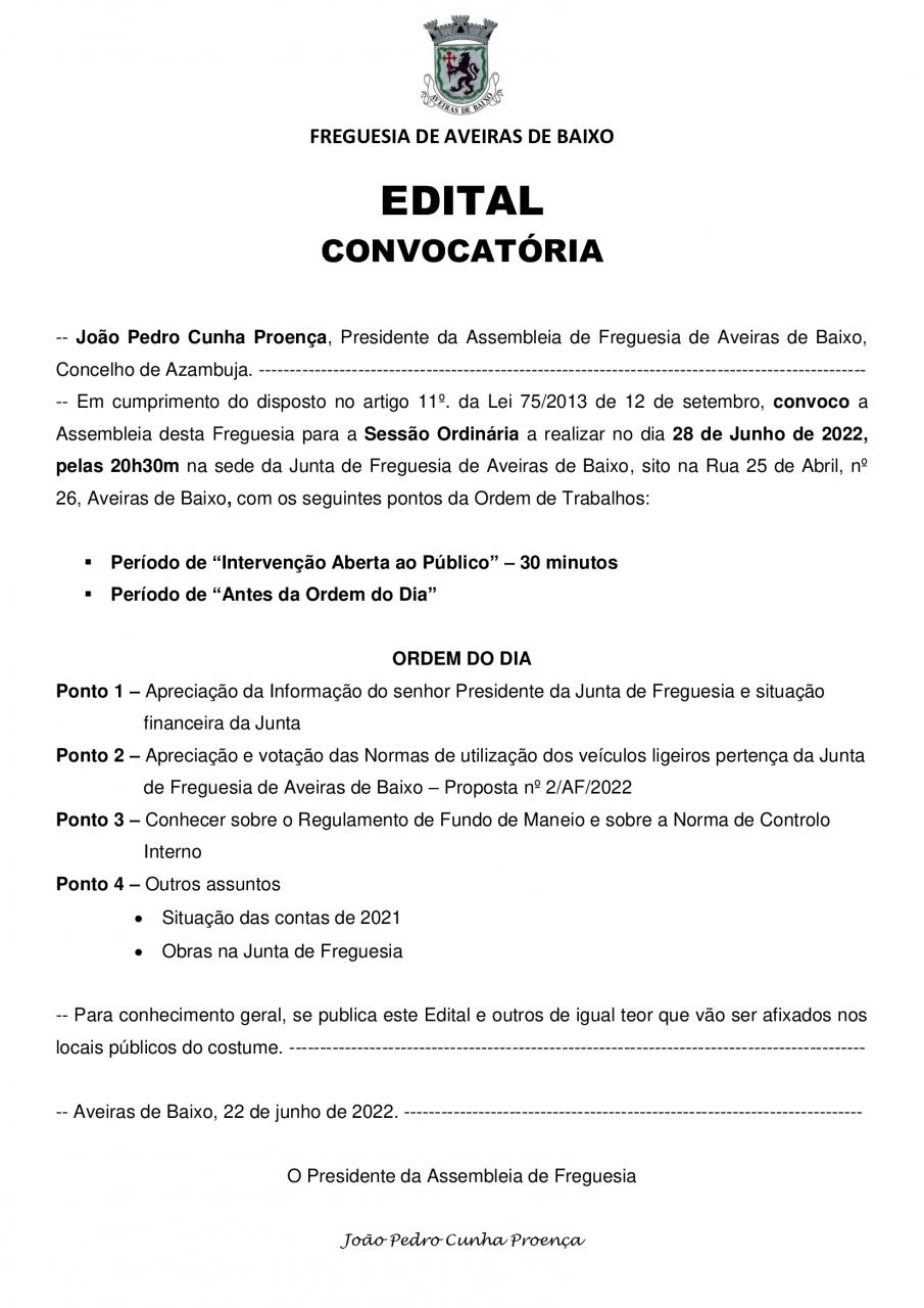 Reunião Ordinária da Assembleia de Freguesia 